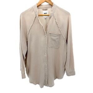 Aerie Gauze Button Up Shirt Beige Frayed Collar Long Sleeve Casual Oversized XXS